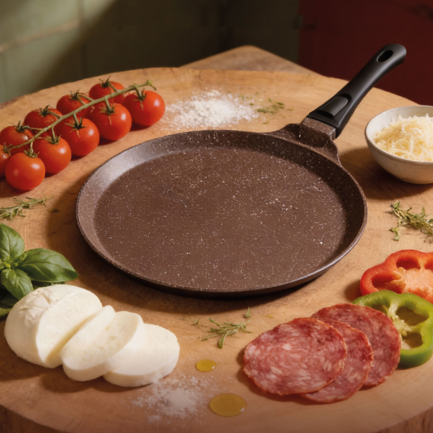 Новинка в ассортименте «Горницы» — сковорода для пиццы диаметром 35 см со съёмной ручкой. 